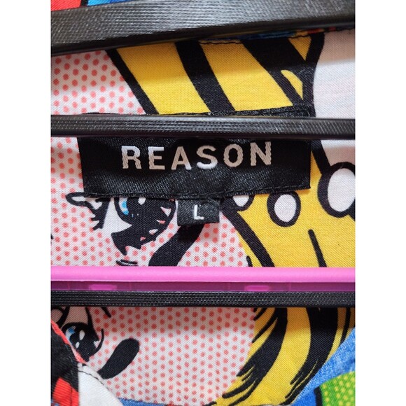 Reason Mens Large Shirt Button Up Pop Art Retro Comic Graphic Wild Colorful Geek - Picture 9 of 14